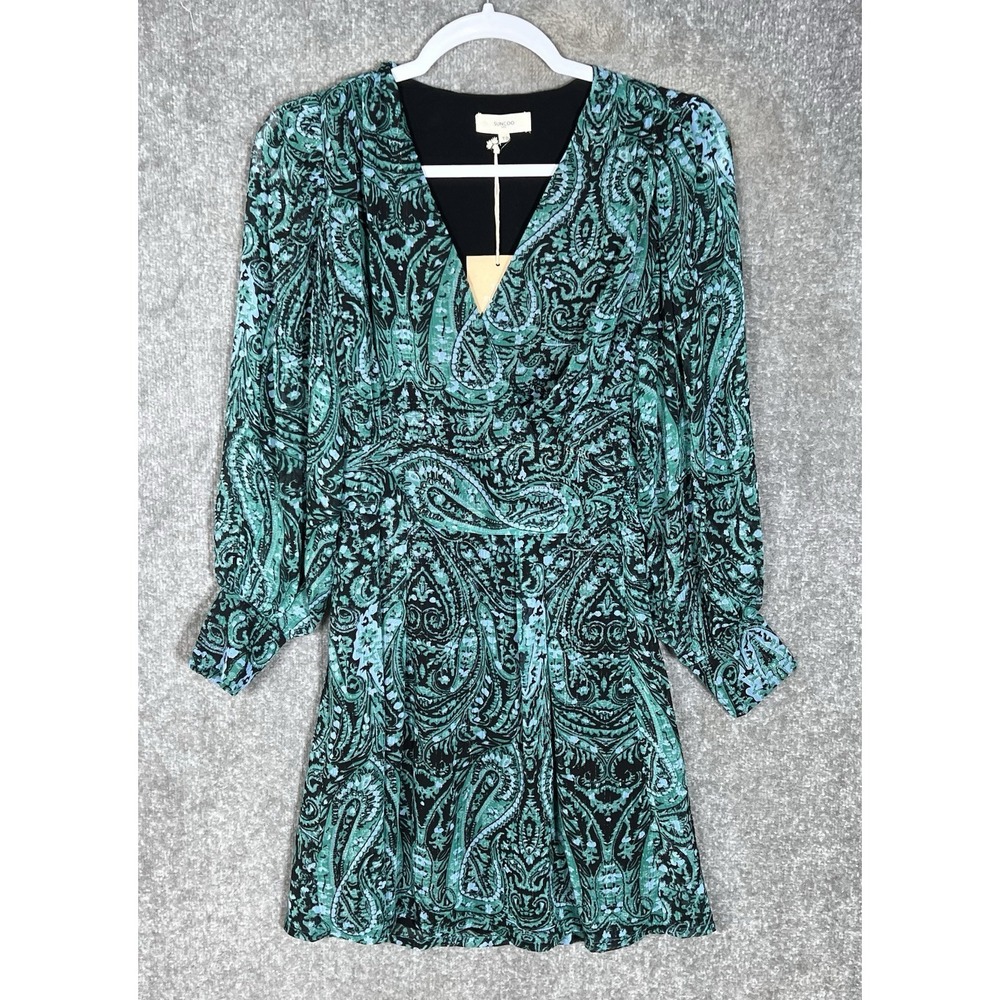 Suncoo Paris Robe Cruise Dress Womens Size XS Metallic Paisley Sheer Sleeves New